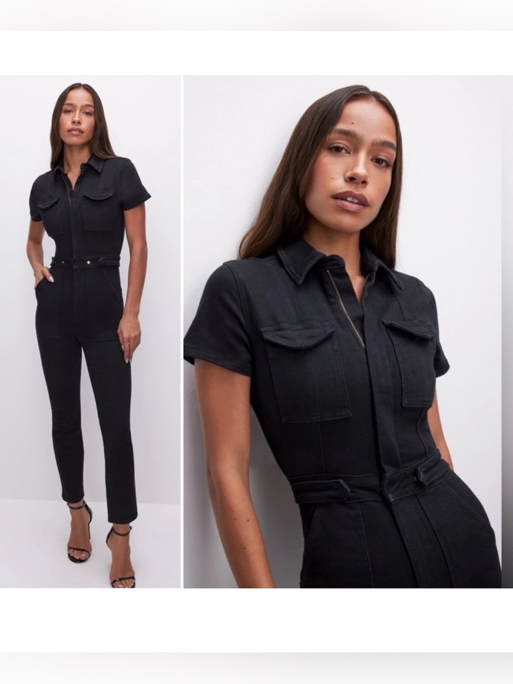 Good American Fit For Success Black Denim Jumpsuit Stretch Pockets Size 2
